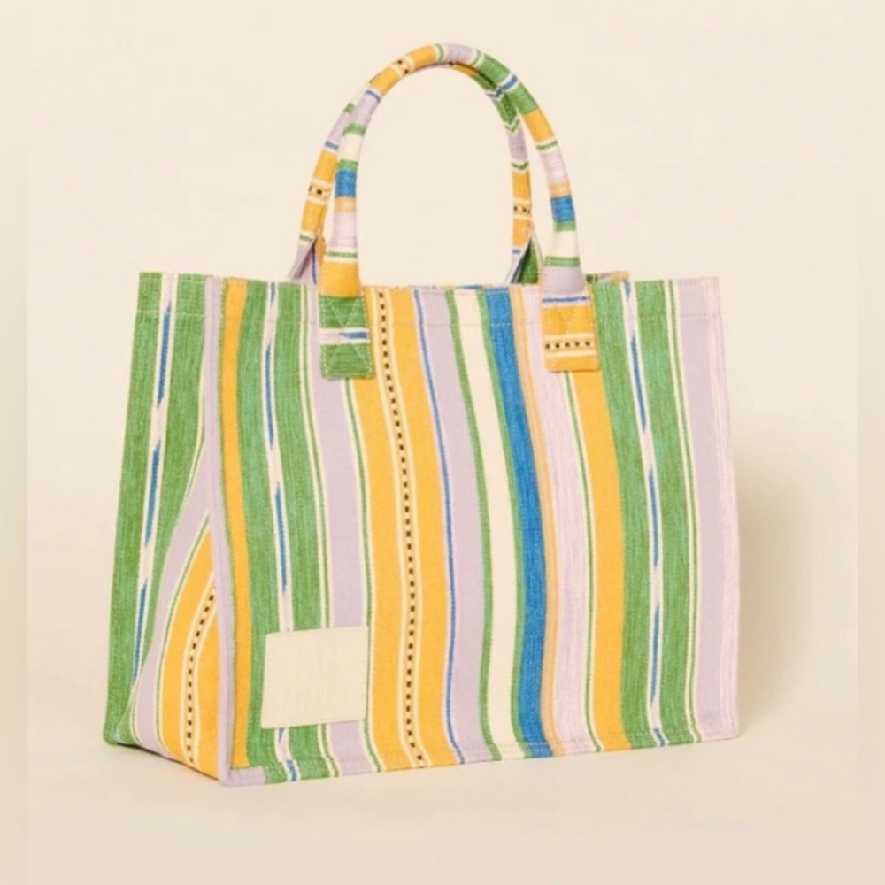SANDRO Bag Striped Pastel Large Tote Purple Yellow White Blue Green - Picture 2 of 4